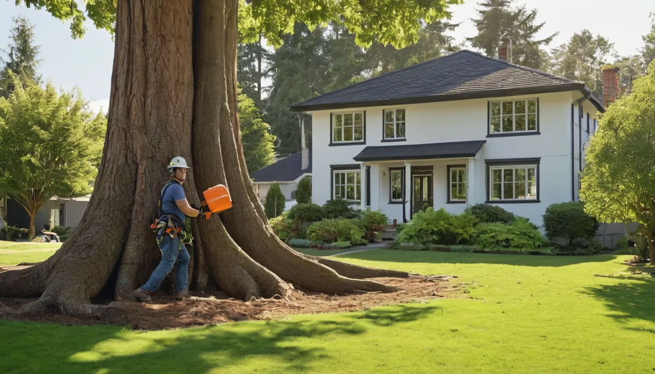 A tree removal provider working on a large backyard tree near a house in Skokie