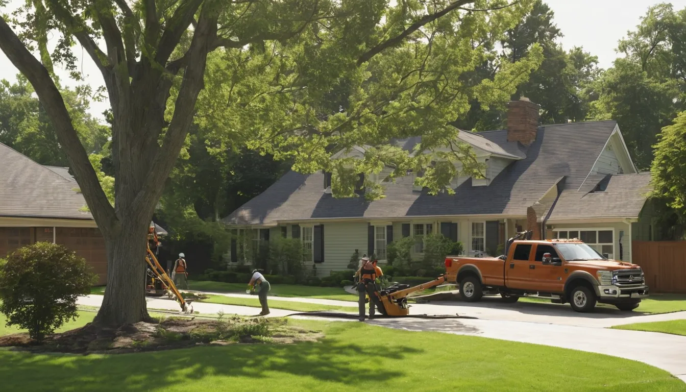 A local tree removal provider cutting down a large tree beside a Skokie home